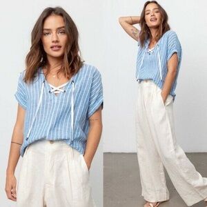 Rails Blue and White Striped jeri lace up top